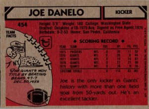 1980 Topps Football Card Joe Danelo K New York Giants sun0050