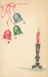 Christmas Art U.S. Postage Stamps As Bells & Candle Postcard