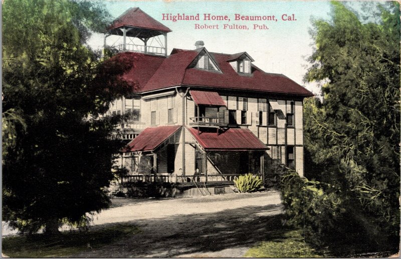 Hand Colored Postcard Highland Home in Beaumont, California
