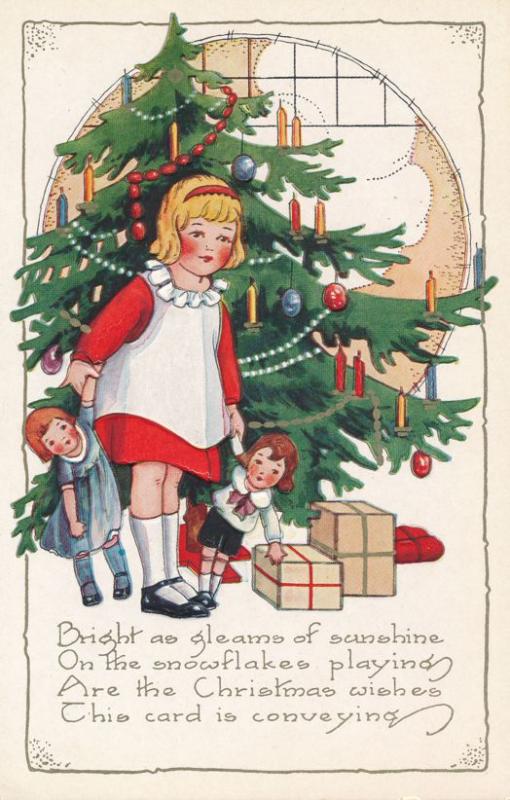 Christmas Greetings Girl with Dolls Presents at Tree - Whitney Made - DB