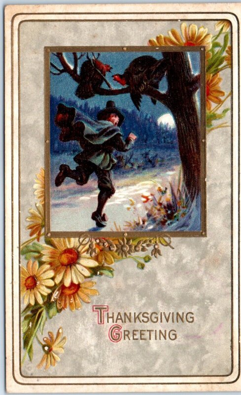 x2 SET c1910s Thanksgiving Greeting Scared Turkey Hunter Halloween Postcard A184