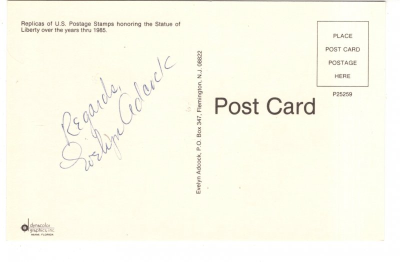 A Toast to Miss Liberty and NPW, US Postage Stamps on a Postcard 1986