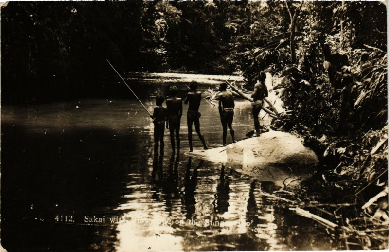 PC CPA MALAYSIA, MALAY BOYS FISHING, VINTAGE REAL PHOTO POSTCARD (b12105)