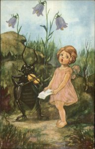 Fantasy Little Fairy Girl Singing w/ Beetle Playing Violing ALPHA Postcard