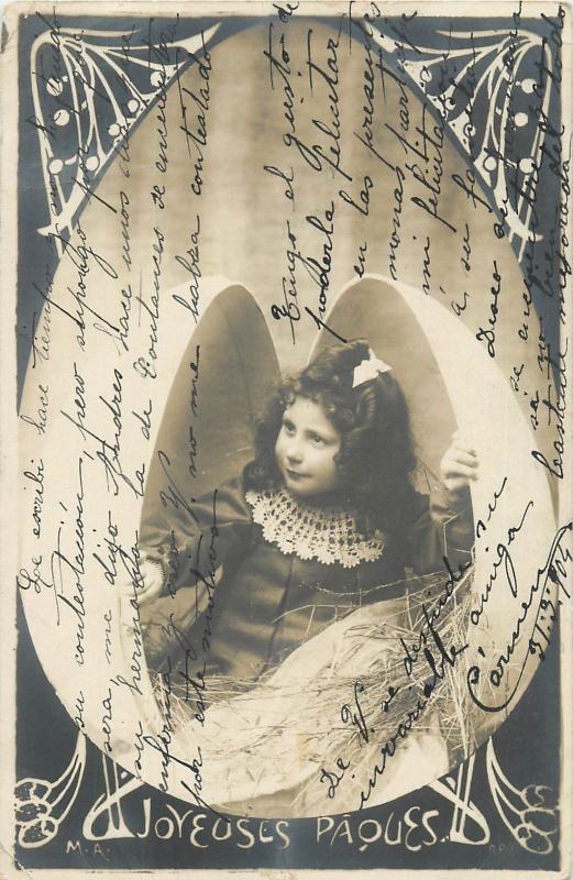 Joyeuses Paques jeune fille oeuf fantaisie 1904 Easter girl egg fantasy postcard