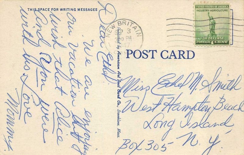 NEW BRITAIN, CT Connecticut  HIGH SCHOOL~Burrett Monument  1947 Linen Postcard