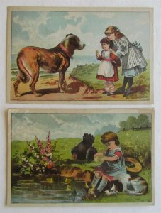 LITTLE GIRLS w/ DOGS SET OF 3 ANTIQUE VICTORIAN TRADE CARDS
