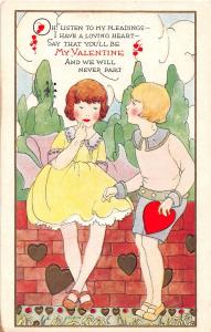 Valentines Greetings Girl & Boy with Heart Antique Postcard (J17786) 