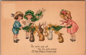 Children Show Flowers to Rabbits, Happy Easter-Tide Vintage Postcard Y42