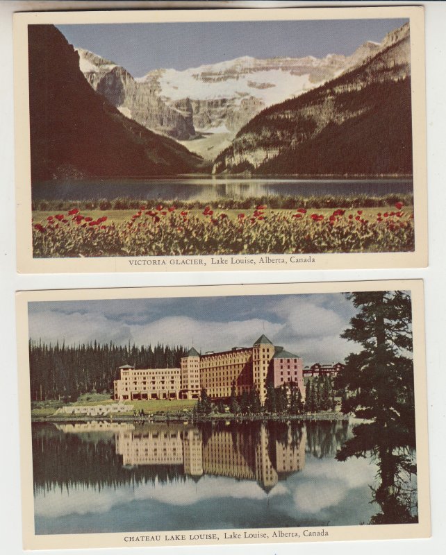 P2953, 2 vintage scenic postcards victoria glacier, chateau lake louise alberta