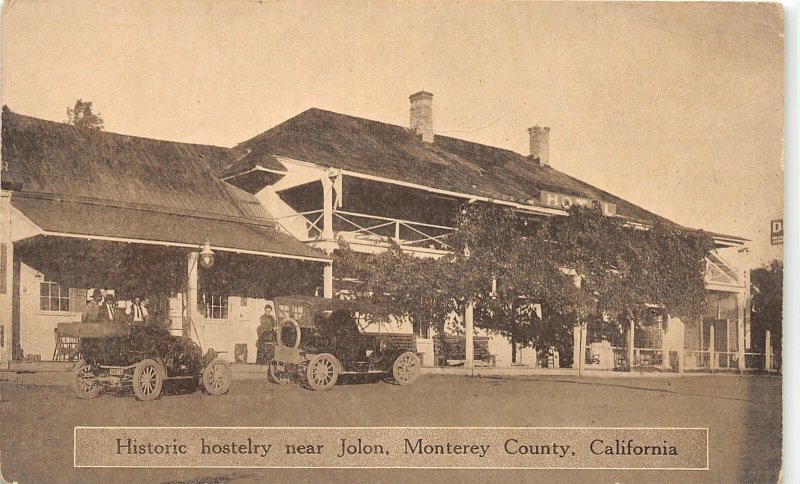 G69/ Jolon California Postcard c1910 Monterey County Hostel Autos