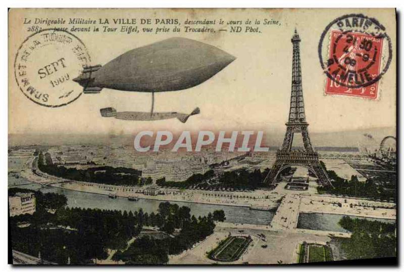 Old Postcard The Airship Military City of Paris down the Seine during the Pas...