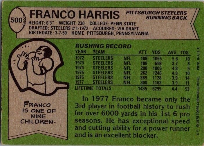 1978 Topps Football Card Franco Harris Pittsburgh Steelers sk7488