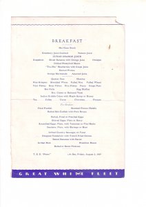 TSS Peten Cruise Ship Menu, White Fleet, At Sea, August 3, 1934,