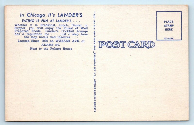 CHICAGO, IL ~  LANDER'S  RESTAURANT  c1950s Roadside Multiview Linen Postcard