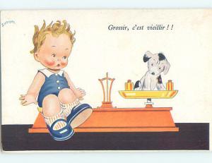 Unused Pre-Chrome foreign signed CUTE DOG ON ANTIQUE WEIGH SCALE J5218