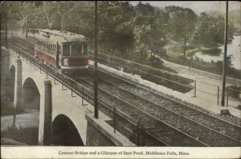 Middlesex Fells MA Trolley on Cement Bridge c1910 Postcard