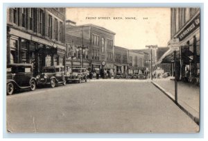 c1910's Front Street First National Bank Cars Parked Bath Maine ME Postcard 