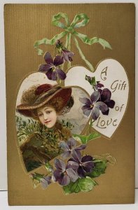 A Gift of Love Woman Gold Gilded Floral Embossed Postcard B15