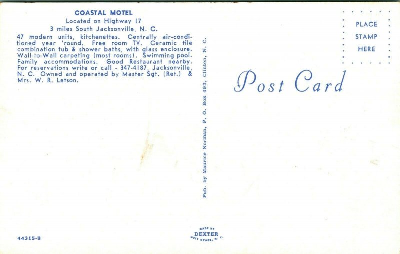 Jacksonville Norte Carolina Nc Costa Motel Cars 1960s Unp Vtg Cromo Postal