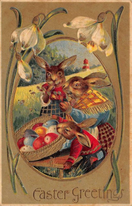 Easter Greetings Dressed Rabbits with Egg Basket Vintage Postcard AA71460
