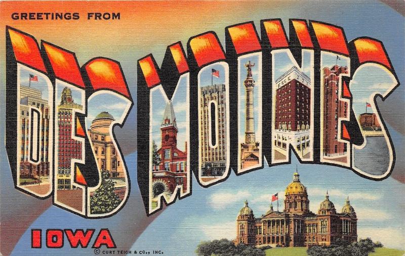Des Moines Iowa Large Letter Linen Postcard~Capitol-Civil War Monument-Bldgs