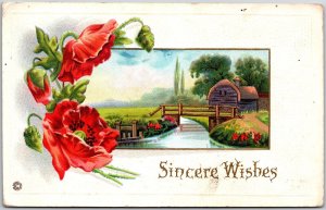 1913 Sincere Wishes Flower Landscape Countryside Home Posted Postcard