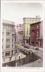 Main Street & Portage Avenue Winnipeg Manitoba MB Tram Unused RPPC Postcard H47