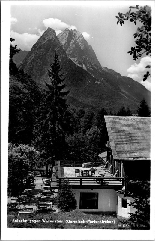 Postcard Germany Garmisch-Partenkirchen Aul Alm restaurant with Waxenstein