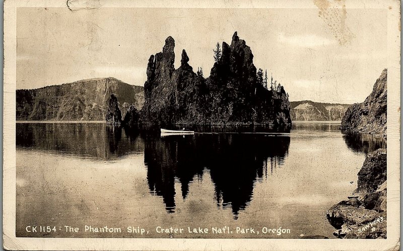 1950 THE PHANTOM SHIP CRATER LAKE NATL PARK OREGON REAL PHOTO POSTCARD 17-91 