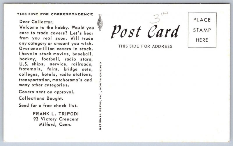 K44/ Milford Connecticut Postcard c1940s Tripodi Hobby Covers Ephemera 376