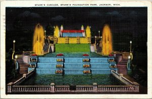 Sparks Cascade Foundation Park Jackson Michigan MI Linen Postcard PM Clean WOB