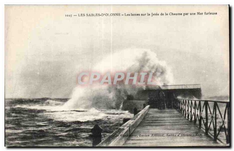 Old Postcard Olonne Sands blades on jetce thatch by a furious sea