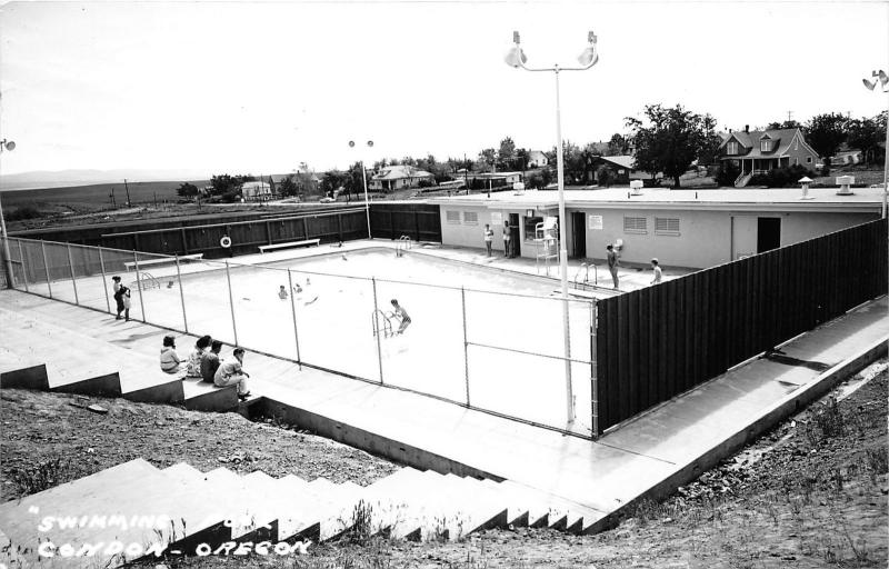 Condon Oregon~People @ Swimming Pool & Bath House~Houses Bknd~1966 RPPC-Postcard