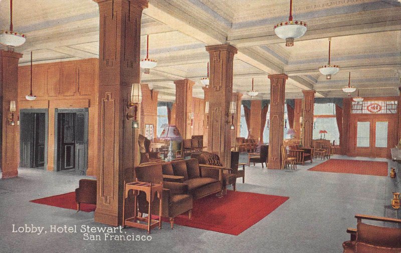 Lobby of the Hotel Stewart, San Francisco, California, Early Postcard, Unused