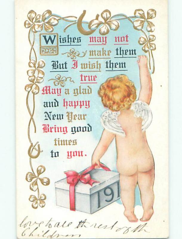 1913 new year ANGEL CARRIES GIFT BOX WITH YEAR WRITTEN ON THE SIDE k5279