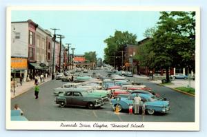 Postcard NY Clayton 1000 Islands 1950's Riverside Drive Street View Old Cars  I7