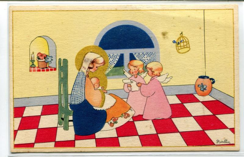 Guardian Angels Watch Over Mother Baby Nursery artist signed postcard