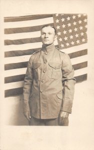 H77/ Interesting RPPC Postcard c1910 Soldier Patriotic Flag Military 170