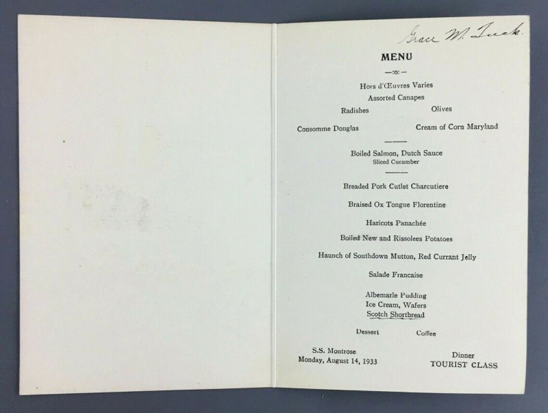 1933 Canadian Pacific Lines SS Montrose Tourist Class Dinner Menu Steamship Aug