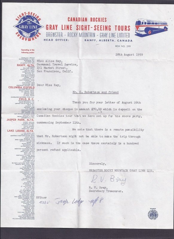 1959 BREWSTER ROCKY MT GRAY LINE BANFF ALBERTA CA LETTER W/USED TICKET STUB 