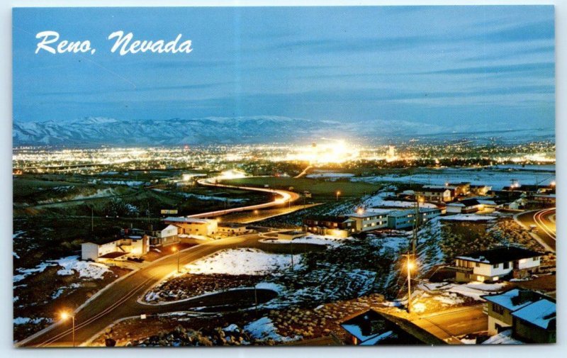 RENO, NV Nevada ~ Twilight  PANORAMA of CITY c1970s Washoe County Postcard