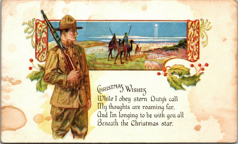 WWI Christmas Post Card Soldier war XMAS Christmas Wishes Postcard PC