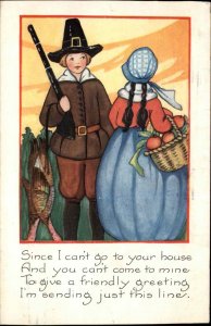 Whitney Thanksgiving Little Boy Pilgrim with Musket Dead Turkey Vintage Postcard
