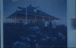 Bldg People & Rocks - Boothbay Harbor ME Cancel - Cyanotype RPPC c1910