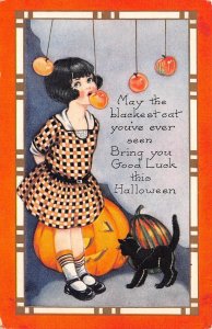 Good Luck This Halloween Little Girl Bobbing For Apples, W/ Black Cat & Jack-O-L