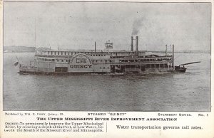 c.'07  River Boat Steamer Quincy, Upper Ms River Improv.Assn,  IL,Old Post Card