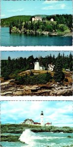 3~Postcards ME Maine  BEAR ISLAND & BURNT ISLAND & PORTLAND HEAD LIGHT HOUSES