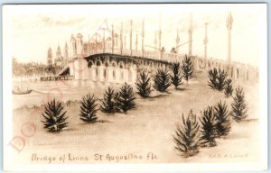 c1930s St Augustine Bridge of Lions RPPC Edith A Lowell Painting Real Photo A99