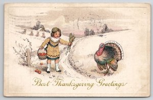 Best Thanksgiving Greetings Girl Corn Apple Basket Turkey 1914 Postcard K28